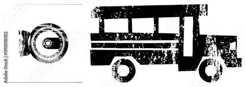 Stylized camera lens and school bus, gritty vector, retro graphic design, isolated symbols, halftone effect, urban.