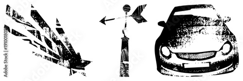 Stylized wind vane, abstract wings, car front halftone, vector, distressed,, isolated elements