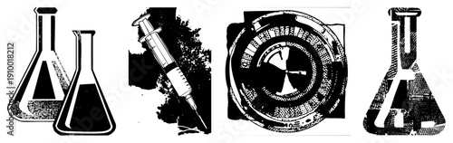 Laboratory glassware including Erlenmeyer flasks and syringe, halftone texture, scientific research tools, chemistry lab, vector illustration.