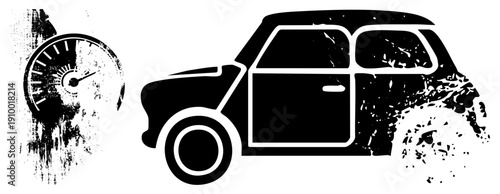 Classic Mini Cooper silhouette with speedometer, distressed black and white vector art, retro automotive design, stylized vehicle graphic, vintage car illustration.