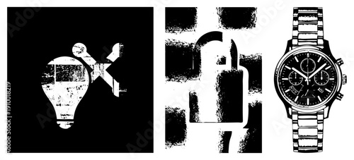 Grunge style vector featuring a lightbulb with tools, a stylized padlock, and a chronograph watch., high contrast, textured design for tech or security themes.