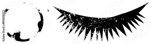 Graphic vector cutout of false eyelash and eye socket, gritty texture, fashion accessory, beauty illustration, black and white design.