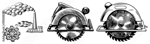 Classic factory smokestack emitting, gear wheel, circular saw blades, engraved art, mechanical tools, industrial design, vector illustration.