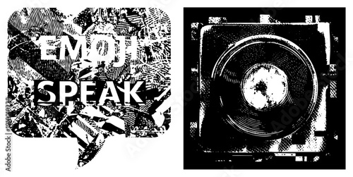 Graphic design featuring "Emoji Speak" text in speech bubble with halftone texture, paired with stylized camera. Retro digital art, vector illustration, emoji communication concept.