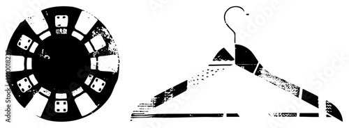 Retro styled dice set and classic wooden hanger, stylized vector graphics, isolated for design, gaming or fashion contexts.