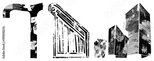 Stylized letters T, A, and N constructed from classical columns, modern skyscrapers, and fragmented urban textures, halftone vector art, architectural typography.