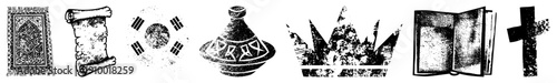 Set of six vector ornate scroll, South Korean flag, tagine, jeweled crown, open book,. Flat design, isolated elements, symbolic motifs.