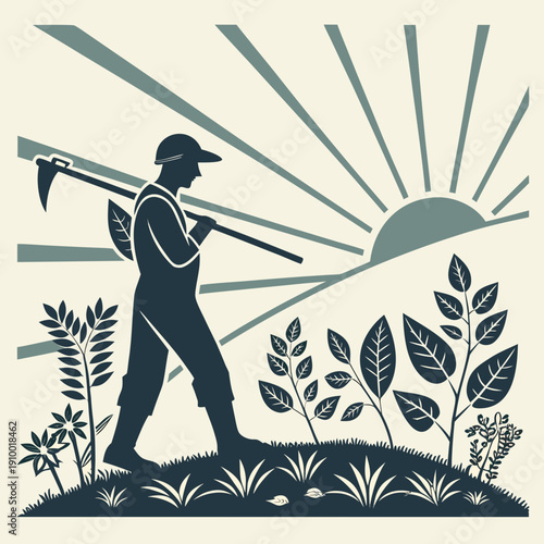 Farmer silhouette working in field at sunrise