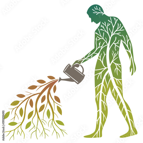 Human silhouette nurturing plant growth from watering can