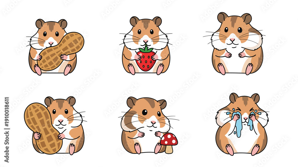 Fototapeta premium Cute Cartoon Hamster Vector Set: Eating, Storing Food & Expressing Emotions