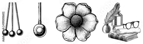 Antique clock pendulums, quill pen with ink bottle, stylized flower, stacked books with glasses, engraved art, classic study tools, academic decor.