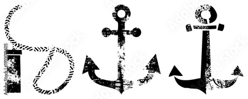 Three stylized anchor with rope, nautical symbols, maritime design, distressed texture, vector illustration, black and white.