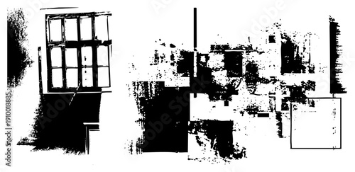 Stylized cityscape with windowed facade, fragmented buildings, urban forms, graphic city blocks, architectural abstraction.