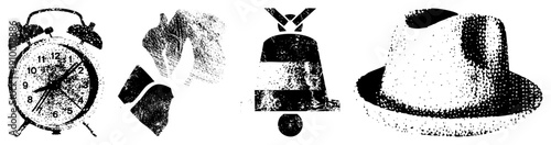 Retro alarm clock with bells, broken glass, classic bell, fedora hat, all in halftone style, isolated vector, graphic elements.