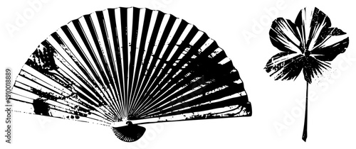 Black and white vector illustration of a traditional folding fan and stylized flower, halftone texture, graphic design elements, isolated foreground, artistic stencil effect.