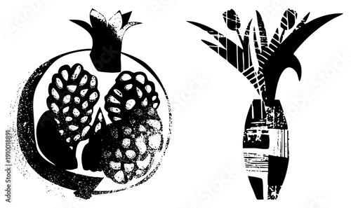 Graphic design featuring fruit and tulip bouquet, halftone texture, vector art, isolated botanical elements, stylized fruit and flowers.