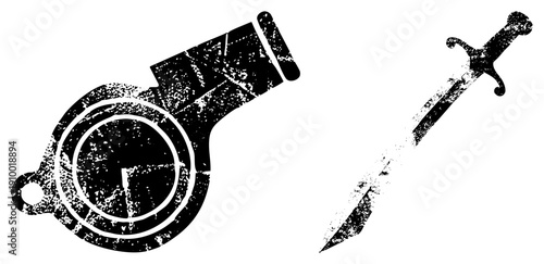 Grungy black and white vector of a whistle and sword, distressed texture, isolated symbols, weaponry, athletic tools.