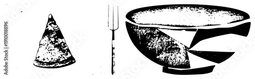 Graphic vector illustration of broken ceramic bowl and fork, halftone texture, isolated foodware, stylized dining elements, design.