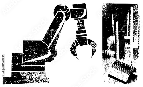 Robotic manipulator arm with articulated joints and textured halftone claws, mechanical engineering, industrial automation, vector glyph, black and white, stylized machinery.