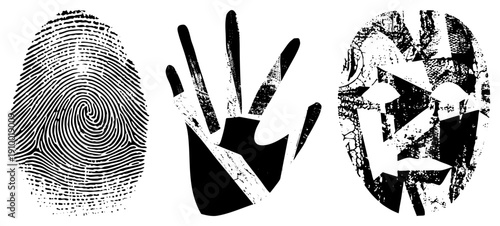 Fingerprint, handprint, and faceprint with distressed textures, forensic evidence, identity markers, biometric scans, stylized prints.