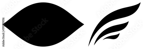 Stylized eye and wing shapes in solid black, minimalist vector art, symbolic, graphic design element, flat silhouette style.