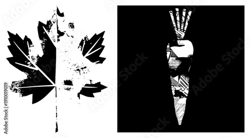 Black and white vector graphic of maple leaf and carrot with halftone and distressed textures, isolated design elements, graphic art, stencil style, food, nature symbol.