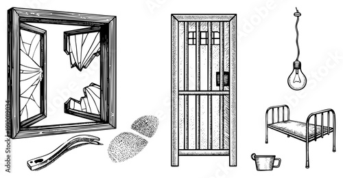 Jailbreak scene with shattered window, prison bars, bed, light bulb, and cup, hand drawn vector illustration, escape tools, institutional confinement, noir sketch style.