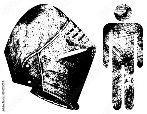 Medieval knight helmet with rivets and visor, warrior figure, battle gear, historical armor, distressed texture, black and white vector art.