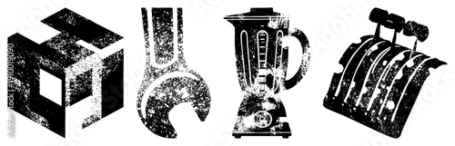 Retro blender, toaster, wrench, and cube with distressed texture, vector art, kitchen tools, industrial design, stylized.