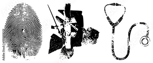 Fingerprint, scalpel, stethoscope medical and biometric with distressed texture, vector art, healthcare symbols, forensic, medical equipment.