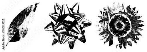 Stylized feather, bow, and sunflower rendered in distressed halftone, ideal for retro branding or graphic design projects.