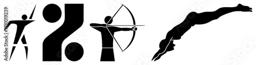 Stylized athletic figures in black silhouette drawing bow, diver mid air, fencer lunging modern graphic symbols for sports, fitness, or competition events.