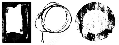 Three stylized vector forms with rough, weathered textures rectangular, coiled, circular rendered in high contrast black and white, ideal for graphic design or digital art.