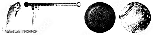 Fishing lure with hook, fishing rod handle, baseball top view, baseball with, halftone texture, vector graphic, isolated objects.