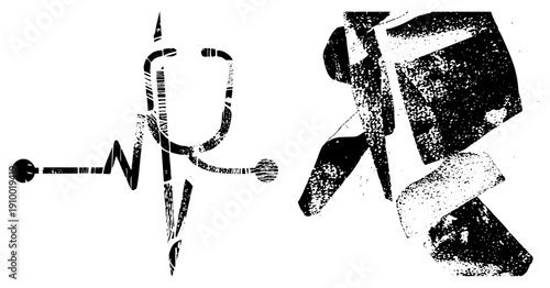 Bold black vector shapes mimicking heartbeat rhythm and fragmented geometry, grunge texture, isolated graphic, halftone effect, modern art, digital illustration.