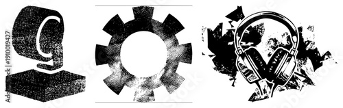 Retro camera symbol, mechanical gear, over ear headphones, halftone texture, vector graphic, isolated elements, tech, symbols.