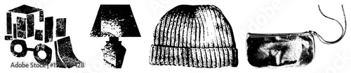Black and white vector illustration of fragmented shapes, lamp, beanie, pouch halftone texture, isolated foreground, graphic design elements.