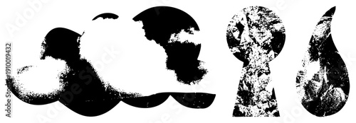 Distressed black shapes with grainy texture, cloud, globe, keyhole, teardrop forms, vector art, halftone effect, graphic design elements.
