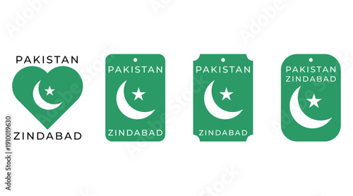Pakistan Zindabad Green Flag Badge and Sticker Collection with Crescent Moon and Star Vector Set Isolated on White Background