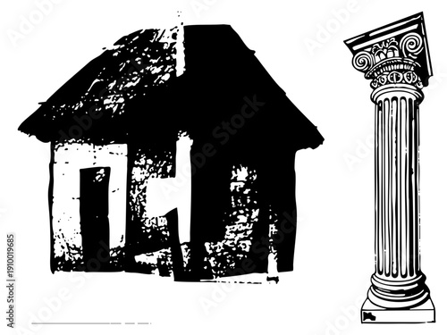 Stone column with Ionic capital beside thatched cottage, architectural contrast, rustic vs classical, black vector illustration, design.