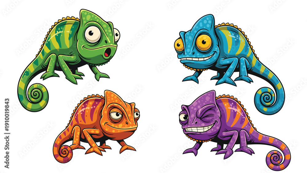 Naklejka premium Vibrant Cartoon Chameleons Collection with Playful Expressions