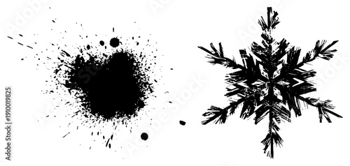 Black ink splatter graphic and intricate snowflake vector, isolated art assets, stylized winter motif, graphic design elements, illustration.