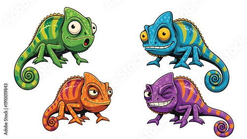 Vibrant Cartoon Chameleons Collection with Playful Expressions
