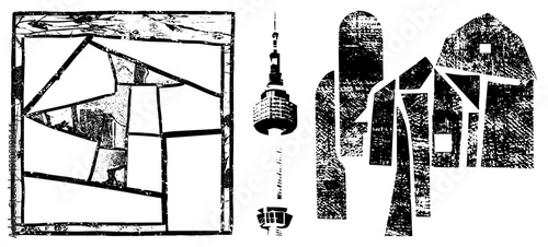 Geometric cityscape fragments, stylized buildings, urban, vector art, textured, modern architecture, graphic design elements.