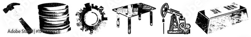 Hammer, coins, gear, table, oil pump, gold bar industrial and financial symbols, black and white vector, flat design, isolated elements.