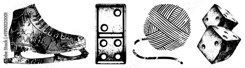 Classic ice skate with blade, tile with pips, yarn skein with tail, dice cubes, halftone texture, vector, isolated gaming and craft elements.