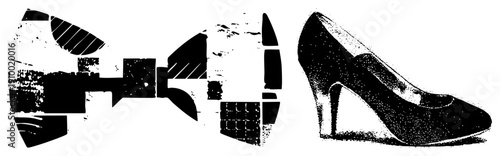 Fragmented geometric forms with halftone texture alongside a stylized high heeled shoe, vector illustration, graphic design elements, art, fashion.