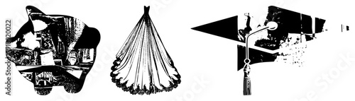 Three symbols classic car with, flowing wedding gown with lace trim, graduation cap with tassel. vector art, isolated elements, symbolic representation.