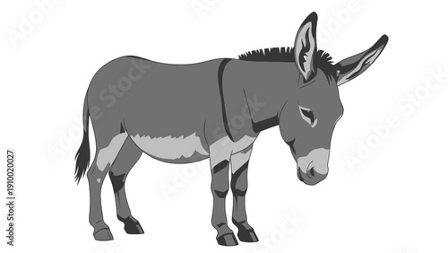 Grayscale donkey illustration. Cartoon farm animal vector art isolated on white background, simple style.