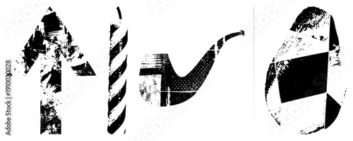 Distressed black and white vector upward arrow, striped candle, smoking pipe, backpack. Urban, gritty, textured design. Perfect for apps, UI, or branding.